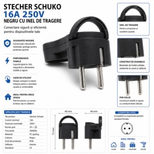 Stecher Schuko 16A 250V Negru cu Inel Tragere Profil Redus - Img 2