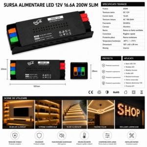 Sursa Alimentare LED 12V 200W 16.6A Slim cu Conectare Rapida Push-In, Carcasa Aluminiu - Img 2