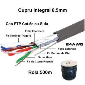 Cablu FTP Cat. 5e cupru 0,5mm solid cu sufa, manta PE negru 500m / rola - Img 3