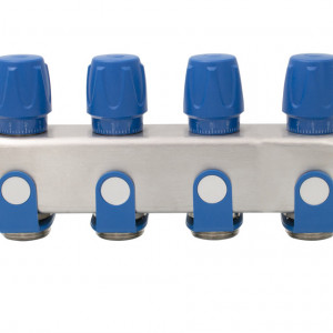 Distribuitor inox 4 cai cu robineti albastru 1"x 3/4"