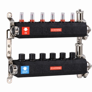Distribuitor inox izolat cu debitmetre aerisitor automat si robinet de golire 6 cai 1x3/4