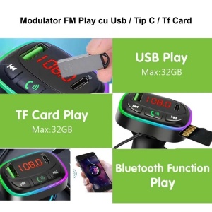 Modulator FM auto cu Bluetooth 5.0 / MP3 player si incarcator USB-C cu 3 porturi - Img 7