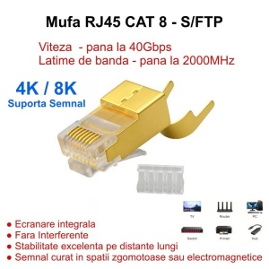 Mufa RJ45 S/FTP CAT 8 Auriu cu Ecranare Metalica - 50 Buc/Set - Img 3
