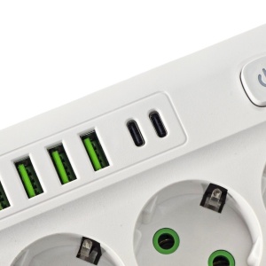 Prelungitor 3 metri cu 4 prize, 4 porturi USB + 2 port Type-C, 2500W si intrerupator de protectie, alb - Img 2