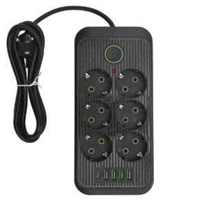 Prelungitor 3 metri cu 6 prize, 4 porturi USB + 1 Type C, 2500W si intrerupator pentru protectie
