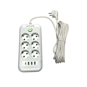 Prelungitor cu 6 Prize, 3 Porturi USB si un Port USB-C, Sarcina maxima 10 A, Lungime Cablu 5m, Comutator Pornit-Oprit, Protectie IP20, Protectie copii, Incarcare rapida