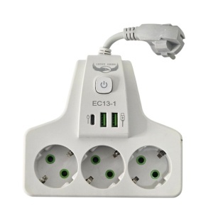 Priza multiplicator Schuko cu 3 prize 220V, 2x USB-A + 1x USB-C, buton ON/OFF, 2500W si protectie