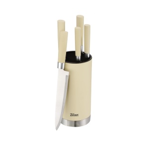 Set cutite 6 piese RETRO Zilan ZLN1610, Suport inclus, Otel inoxidabil 3CR13, Compatibil masina de spalat vase, Crem