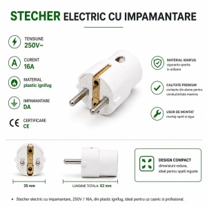 Stecher Electric 16A 250V cu Impamantare si Iesire Laterala - Img 2