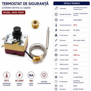 Termostat de Siguranta 95°C cu Capilar 250V 16A WHD-95EM - Img 3