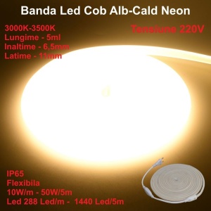 Banda LED COB neon flex - 288 led/m - IP65, 220V - 10W/ml, rola 5m - Img 2