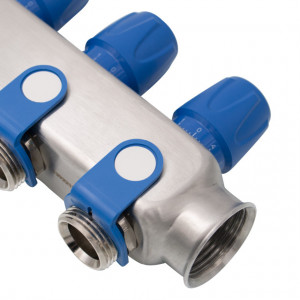 Distribuitor inox 3 cai cu robineti albastru 1"x 3/4"