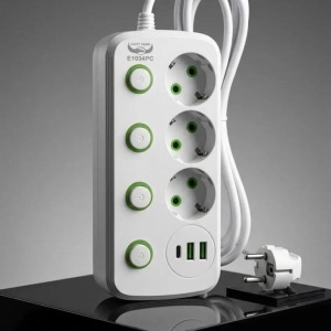 Prelungitor 2 metri cu 3 posturi 220V si 2 posturi USB + 1 post USB-C, protectie si intrerupatoare individuale