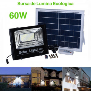 Proiector cu panou solar, senzor de lumina si telecomanda 60W
