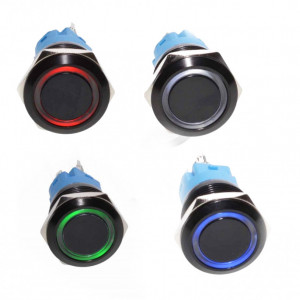 Push buton fara retinere negru 19mm / 12V cu LED: alb, albastru negru sau rosu