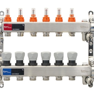 Set distribuitor inox cu debitmetre, aerisitor manual si robineti de golire 1"- 6 cai