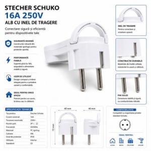 Stecher Schuko 16A 250V Alb cu Inel Tragere, Profil Redus - Img 2