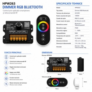 Controler Banda LED RGB 220V 1000W Bluetooth cu Telecomanda RF si Reglaj Manual HPW263 - Img 2