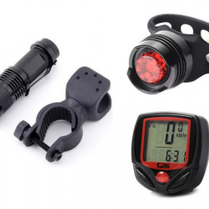 Far fata 300Lm, stop spate ruby, ciclocomputer, set complet bicicleta, negru - Img 2