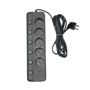 Prelungitor 3 metri cu 5 prize, 2 porturi USB + 1 port Type-C, 2500W si intrerupatoare