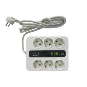 Prelungitor 3 metri cu 6 prize, 4 porturi USB + 1 port Type-C, 2500W si intrerupator pentru protectie, alb