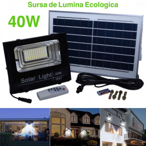 Proiector cu panou solar, senzor de lumina si telecomanda 40W