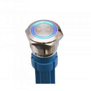 Push buton 5-24V / 19mm cu LED albastru si simbol +