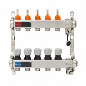 Set distribuitor inox cu debitmetre, aerisitor manual si robineti de golire 1"- 5 cai