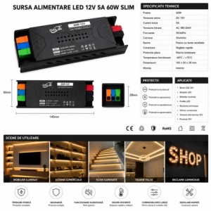 Sursa Alimentare LED 12V 60W 5A Slim cu Conectare Rapida Push-In, Carcasa Aluminiu - Img 3