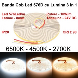 Banda Led Digital Cob 576D/m - Lumina 3 in 1 Alb 2700K-4500K-6500K - 24V/3 Fire - 8mm - 10W/m - RA 90, Protectie IP20 - Rola/5m - Img 7