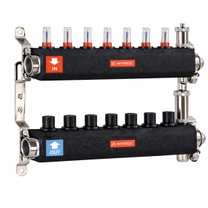 Distribuitor inox izolat cu debitmetre aerisitor automat si robinet de golire 7 cai 1x3/4
