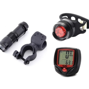 Far fata 300Lm, stop spate ruby, ciclocomputer, set complet bicicleta, negru