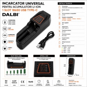 Incarcator Universal pentru Acumulatori Li-ion 1 Slot 18650 USB Type-C - Img 3