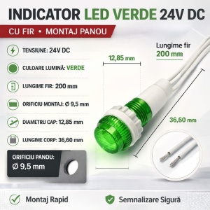 Indicator LED 24V DC de panou rosu sau verde, 9,5mm cu fire 20cm - set 10 bucati - Img 4