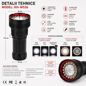 Lanterna Profesionala LED Ultra Puternica cu LED Central Laser, 19 LED-uri, Acumulator 44650, Incarcare Type-C KH-W536 - Img 6