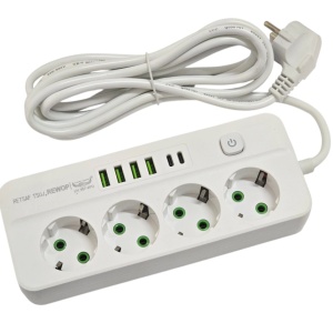 Prelungitor 3 metri cu 4 prize, 4 porturi USB + 2 port Type-C, 2500W si intrerupator de protectie, alb