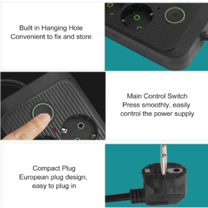 Prelungitor 3 metri cu 6 prize, 4 porturi USB + 1 Type C, 2500W si intrerupator pentru protectie - Img 2