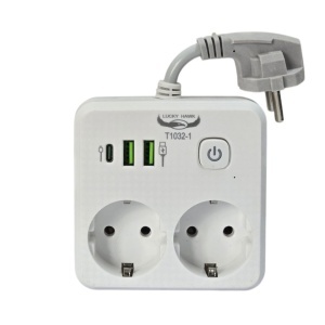 Priza multiplicator Schuko cu 2 prize 220V, 2x USB-A + 1x USB-C cu incarcare max 20W, buton ON/OFF, 2500W si functie lampa LED touch-control