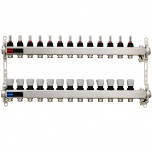 Set distribuitor INOX cu debitmetre, aerisitor manual si robineti de golire 1"- 13 cai