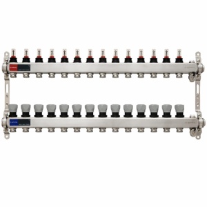 Set distribuitor INOX cu debitmetre, aerisitor manual si robineti de golire 1"- 14 cai