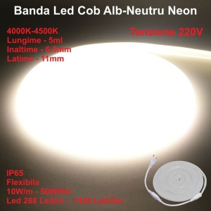Banda LED COB neon flex - 288 led/m - IP65, 220V - 10W/ml, rola 5m - Img 3