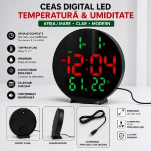 Ceas Digital LED Rotund 26cm Rosu-Verde cu Telecomanda, Temperatura si Umiditate 3813L - Img 2