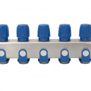 Distribuitor inox 5 cai cu robineti albastru 1"x 3/4"