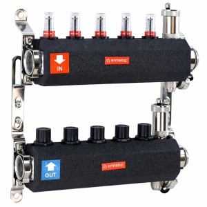 Distribuitor inox izolat cu debitmetre aerisitor automat si robinet de golire 5 cai 1x3/4