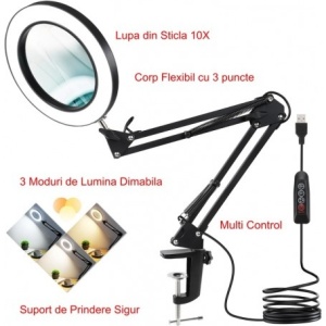 Lupa10X din sticla cu cleste de prindere si lumina in 3 culori reglabila - Img 2