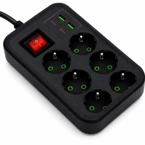 Prelungitor K86 cu 6 prize Schuko, 2 USB + 2 USB-C, intrerupător ON/OFF, 2500W, negru, 2 metri