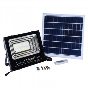 Proiector cu panou solar, senzor de lumina si telecomanda 100W