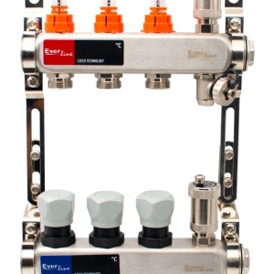 Set distribuitor inox cu debitmetre, aerisitor automat si robineti de golire 1"- 3 cai