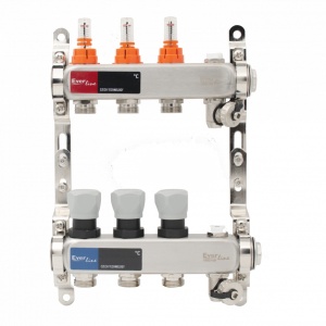 Set distribuitor inox cu debitmetre, aerisitor manual si robineti de golire 1"- 3 cai