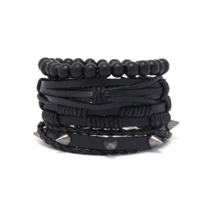 Set 4 bratari - Piele + Margele negre